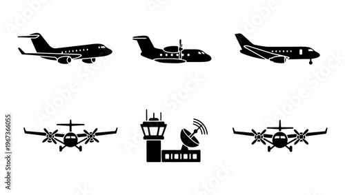 Aviation and airport icon set, black silhouette airplane and control tower vector elements, commercial aircraft and private jet collection