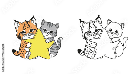 Cute baby lynx and grey tabby kitten hugging big yellow star, adorable best friends holding star together