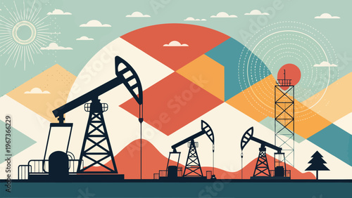 Geometric oil field with pump jacks and tower at sunset abstract industrial landscape