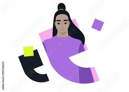 A young individual with stylish hair poses against a plain yellow background, surrounded by colorful geometric shapes that enhance the lively atmosphere.