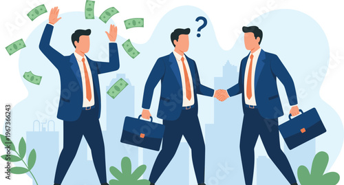 Business success illustration with entrepreneurs in suits, financial growth, handshake negotiation, corporate teamwork, profit, investment, modern city background