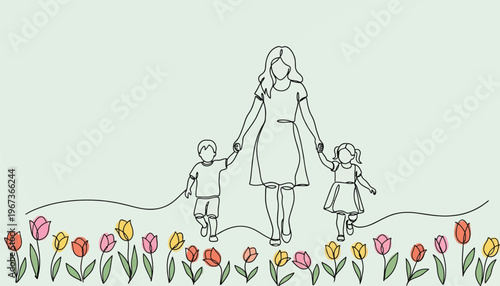 Minimalist continuous line art of mother walking with children, family walking through tulip garden, motherhood and spring concept vector