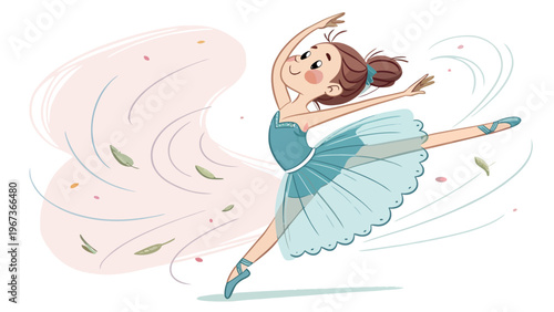 Young ballerina in mid air grand jet pose with flowing skirt and joyful expression ballet dance concept