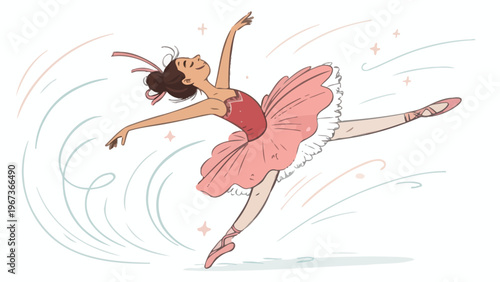 Ballerina performs grand jet leap in mid air with pink tutu and ballet shoes dynamic motion lines and sparkles