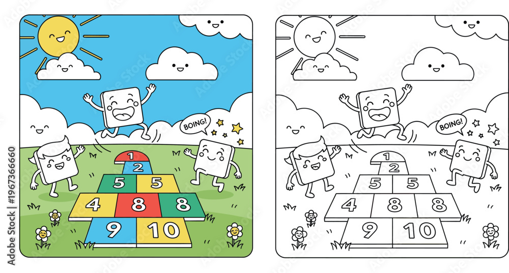 Naklejka premium Cute cartoon square characters playing hopscotch game outdoors, happy vector illustration of mascots jumping on numbered grid with smiling sun and clouds background.