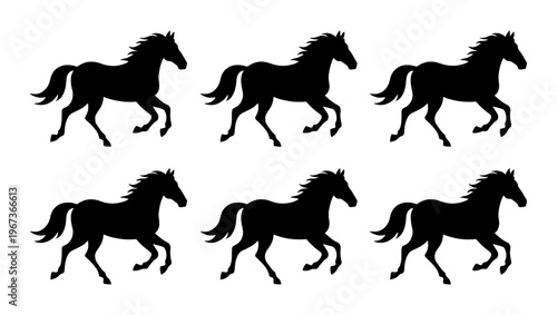 Black horse silhouette set, 6 running stallion vector icons, galloping mustang animal shapes, equestrian graphic elements for logo design