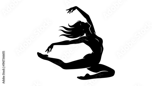 Graceful ballet dancer silhouette vector, elegant female performer in dynamic jump pose, artistic black and white dance illustration for studio branding