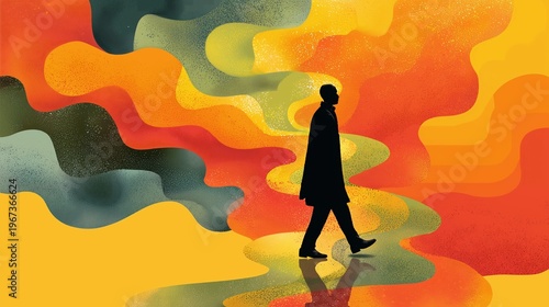 surreal silhouette man walking through vibrant abstract dreamlike landscape