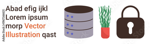Technology, security, nature, decor, digital content, database. Icons include a database stack, a potted plant and a lock symbol alongside placeholder text. Technology and security illustrated