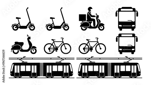 Urban transportation icon set, black silhouette city vehicle collection, public transit and micro-mobility vector elements for maps and infographics