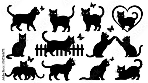 Black cat silhouette collection with butterflies and heart, feline pet vector set for vinyl cutting and laser engraving, animal silhouettes