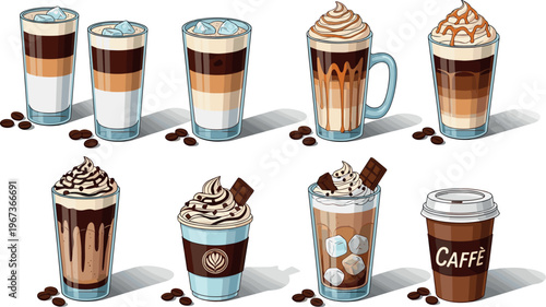 Coffee drinks collection with latte cappuccino mocha and iced beverages vector illustration isolated on white background set