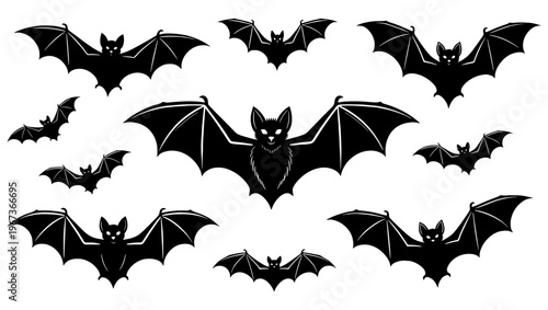 Black bat silhouettes collection, flying vampire bats set of 10 vector icons, spooky halloween animal elements for gothic design and party decor