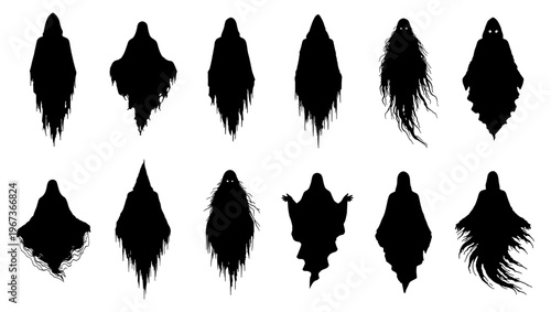 Spooky ghost silhouette collection, 12 creepy phantom vector elements, dark hooded spirit icons for Halloween design and horror projects
