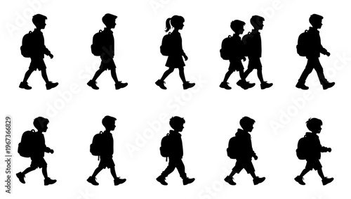 School children walking silhouettes with backpacks, set of 10 student vector icons, kids going to school back view and side profile