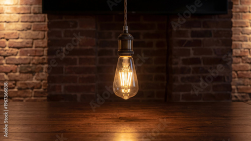 Vintage hanging light bulb illuminating wooden table in cozy setting  