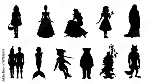 Fairytale character silhouettes collection, 11 fantasy storybook vector icons, black princess and mythical creature shapes for children's books