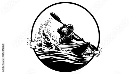 Kayak vector silhouette illustration of a person paddling through rough waters