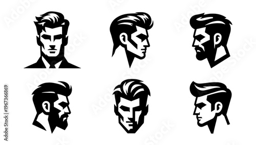 Barbershop logo collection with 6 male head silhouettes, stylish men haircuts and beard styles, black and white masculine grooming vector icons