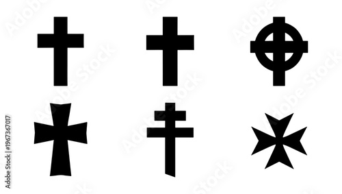 Religious Christian cross icons set, black silhouette crucifix symbols, collection of 6 vector church elements for funeral and faith design