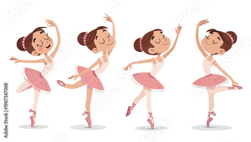 Cartoon ballerina character set in multiple dance poses pink tutus ballet shoes white background