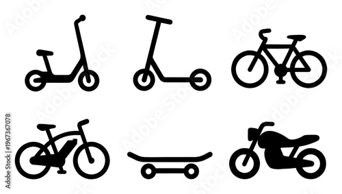 Minimalist transport icons set, black silhouette of bicycle and electric scooter, 6 vector elements for urban mobility and city commuting