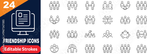 A comprehensive collection of twenty four distinct line art icons representing human interaction
