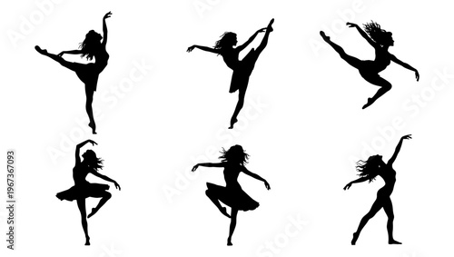 Graceful ballerina silhouettes set, 6 vector dancing woman figures in motion, elegant ballet dancer poses for performing arts and theater posters