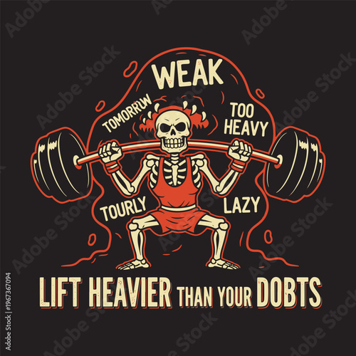 Skeleton weightlifter lifting barbell with motivational gym quote vector illustration.