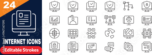 A collection of thin line computer and software development icons arranged in a grid format