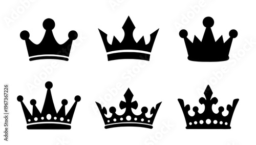 Royal crown silhouette icons set, 6 black monarch headwear vector elements, elegant imperial coronet symbols for luxury branding and heraldic design