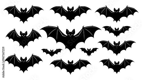 Halloween bat silhouette collection, set of 12 black flying bats with spread wings, spooky vampire bat icons for gothic party decor and holiday design