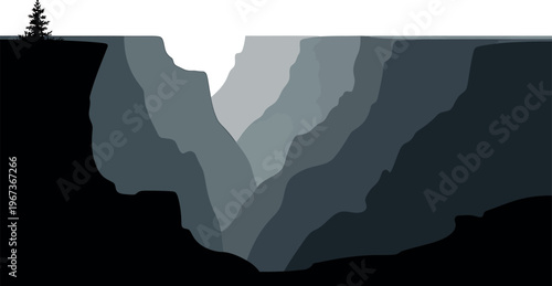 Deep canyon gorge with layered rocky cliffs and pine tree silhouette vector illustration background