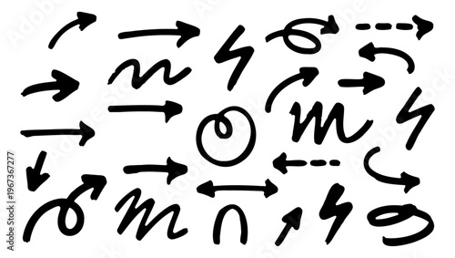 Hand drawn arrow vector set, black ink doodle pointers and brush stroke symbols, collection of sketchy directional signs for business presentations