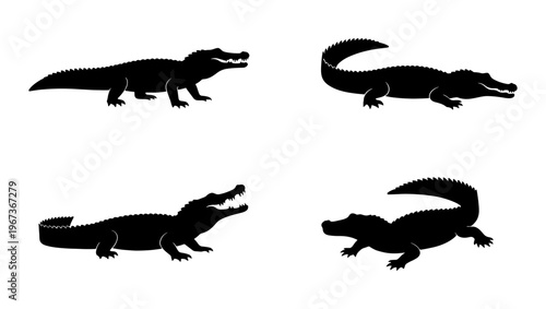 Crocodile silhouette vector set, black alligator icons on white background, 4 wild reptile elements, predatory swamp animals for logo design