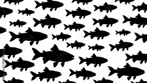 Black fish silhouettes seamless pattern, school of swimming fish vector background, aquatic animal wallpaper for marine textile design