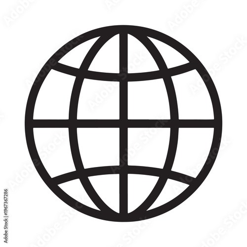 Simple black and white illustration of a globe with grid lines representing continents