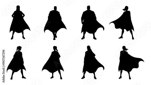 Superhero silhouette collection, set of 8 heroic male and female figures with capes, black vector character icons for comic and power concepts