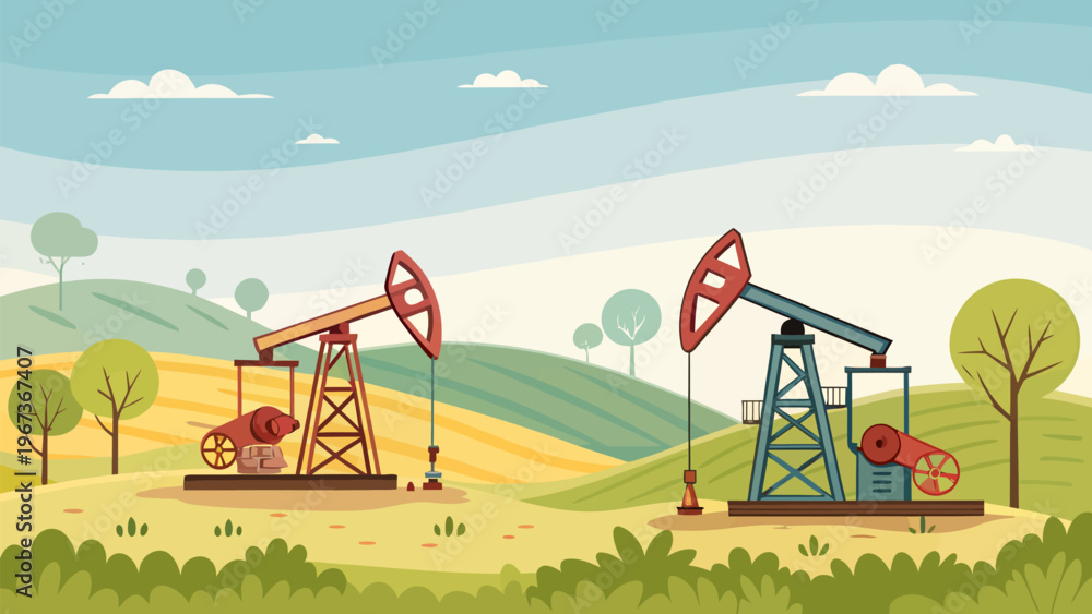 Fototapeta premium Oil pumps in a serene countryside landscape with rolling hills and trees under a blue sky