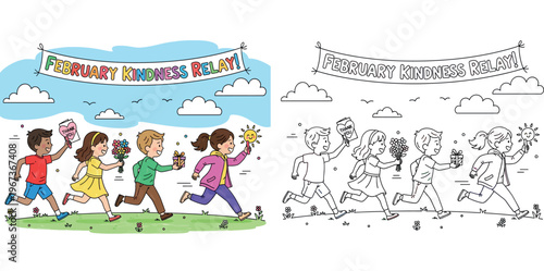 Happy diverse children running in February Kindness Relay race holding thank you card flowers and gift, cute cartoon vector illustration with banner and sky background for school event.