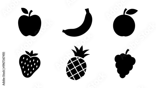 Minimalist fruit icon set with 6 black silhouettes, organic food symbols for grocery branding, flat vector fruit illustrations for healthy lifestyle menus