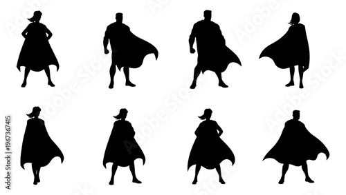 Superhero silhouette collection, 8 black vector icons of male and female heroes with capes, powerful comic book character silhouettes for graphic design