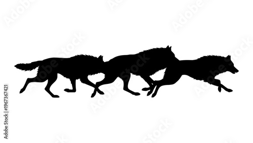 Running wolf pack silhouette vector, black wolves hunting in a row, wild animal predators in motion, minimalist wildlife nature graphics