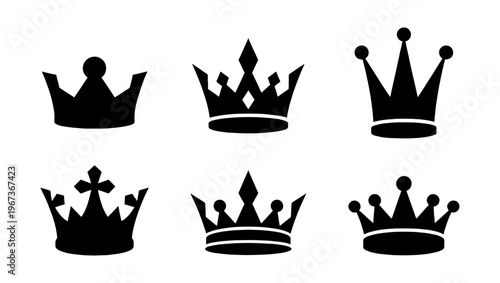 Royal crown silhouette collection, set of 6 black imperial headwear icons, majestic king and queen coronet symbols for luxury branding and logo design