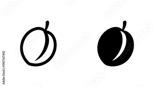 Minimalist plum fruit vector icons, black silhouette and outline plum symbols, organic stone fruit illustrations for food packaging and logo design