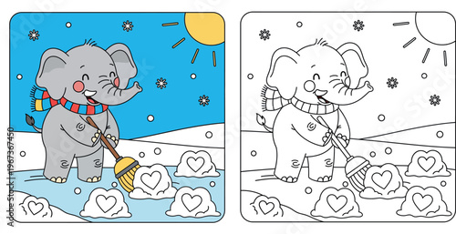Cute cartoon elephant wearing a scarf sweeping snow into heart shapes. Happy winter animal character cleaning ice with love concept vector illustration for Valentine's Day.