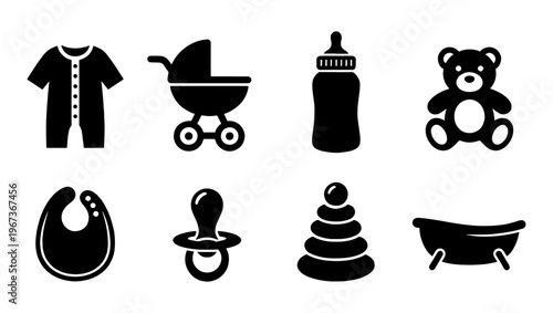 Baby care icon set with 8 black vector elements, newborn nursery essentials collection, infant clothing and toy symbols for parenting apps