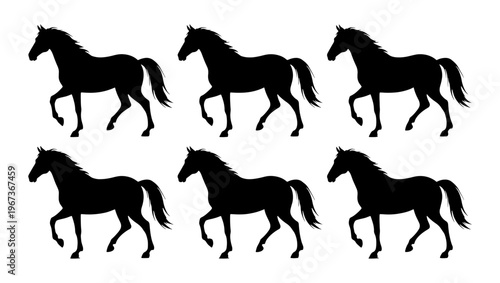 Black horse silhouette collection, set of 6 stallion vector icons, equestrian animal profiles for ranch and farm branding, isolated equine shapes