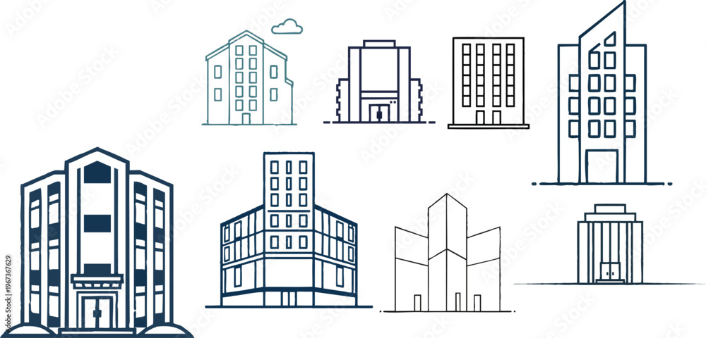 Fototapeta premium Minimal Outline Office Building Icon Clean Line Design White Background Pack, Simple Business and Corporate Line Art Illustration, Modern Skyscraper and Workspace Sketch, Clean Minimalist Office Ve