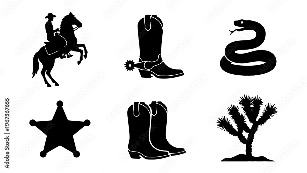 Obraz premium Wild West cowboy silhouette icon set, western desert elements with horse rider and boots, black sheriff star and rattlesnake vector graphics